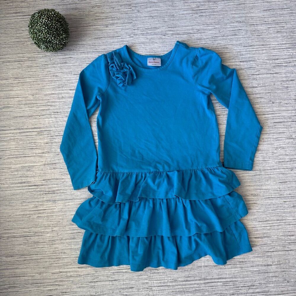 Hanna Andersson Girls Blue Long Sleeve Ruffle Twirl Dress Flower Sz 130 8